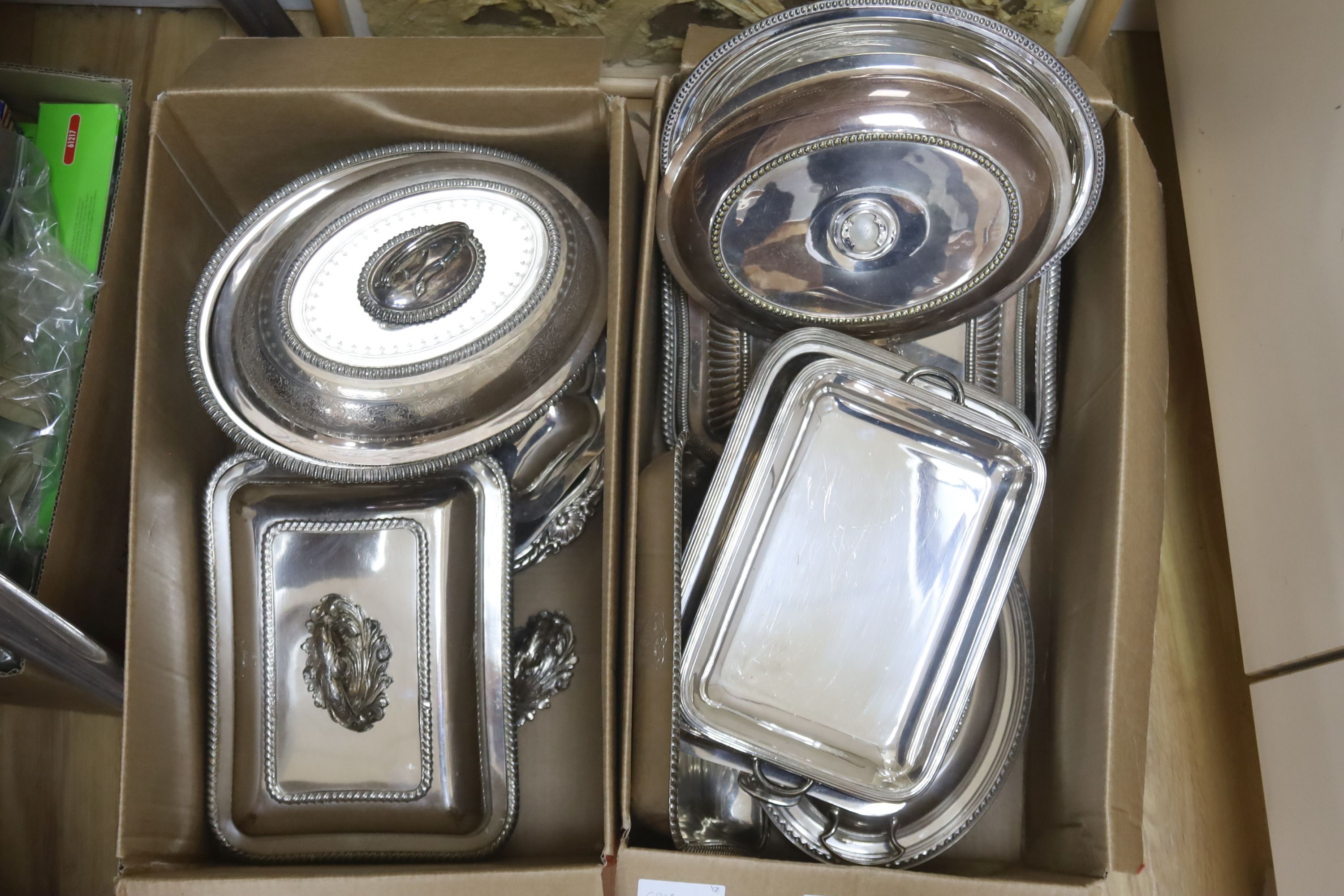 Three silver plated entree dishes with covers and handles and a group of assorted entree dishes, etc.